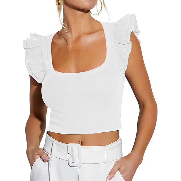 Women Shirred Tank Top Ruffle Sleeveless Tanks Frill Pleated